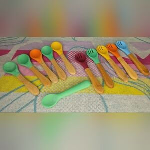 11pc Silverware Colorful Bamboo Handle Silicone Baby Spoon and Forks Set Avanchy